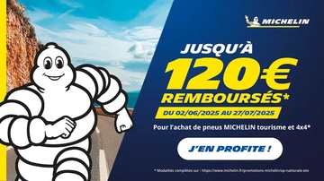 Jusqu’à 120€ remboursés pour l’achat de pneus Michelin ! Jusqu’à 120€ remboursés pour l’achat de pneus Michelin !